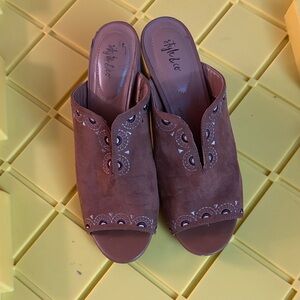Style & Co. Brown Suede Peep-Toe Slide Mules with Cutout Detail